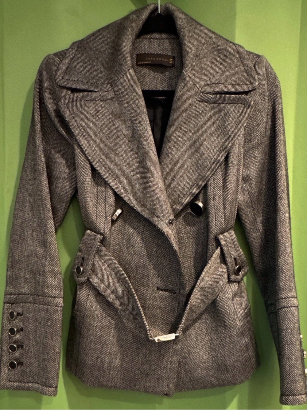 ZARA WOMAN Women Gray Herringbone Pea Coat Double Breasted Belted Lined M